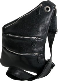 Мужская черная сумка-слинг из натуральной кожи с множеством карманов Vip Collection (21099)