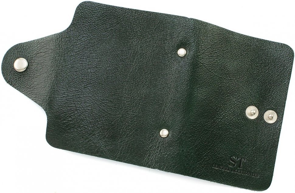 Тёмно-зеленая небольшая визитница из натуральной кожи на кнопке ST Leather (18860)