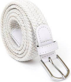 Тонкий текстильный женский ремень белого цвета с серебристой пряжкой Vintage (2420545)