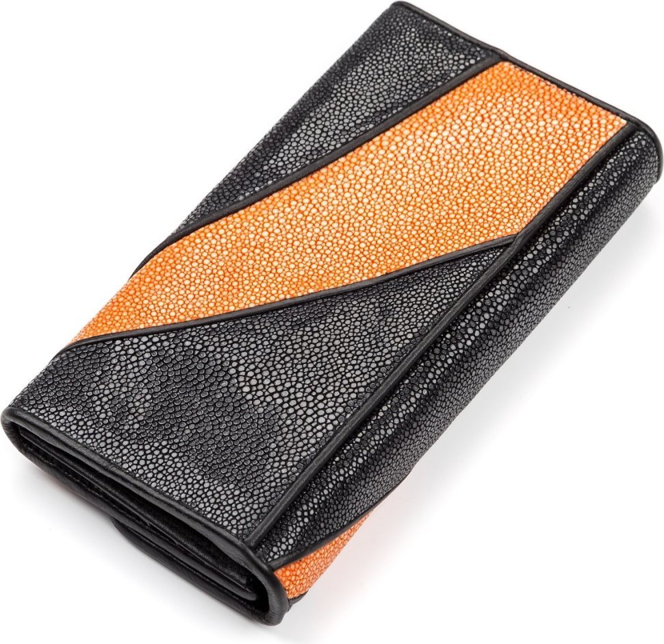 Молодежный кошелек из кожи морского ската черно-оранжевого цвета STINGRAY LEATHER (024-18118)