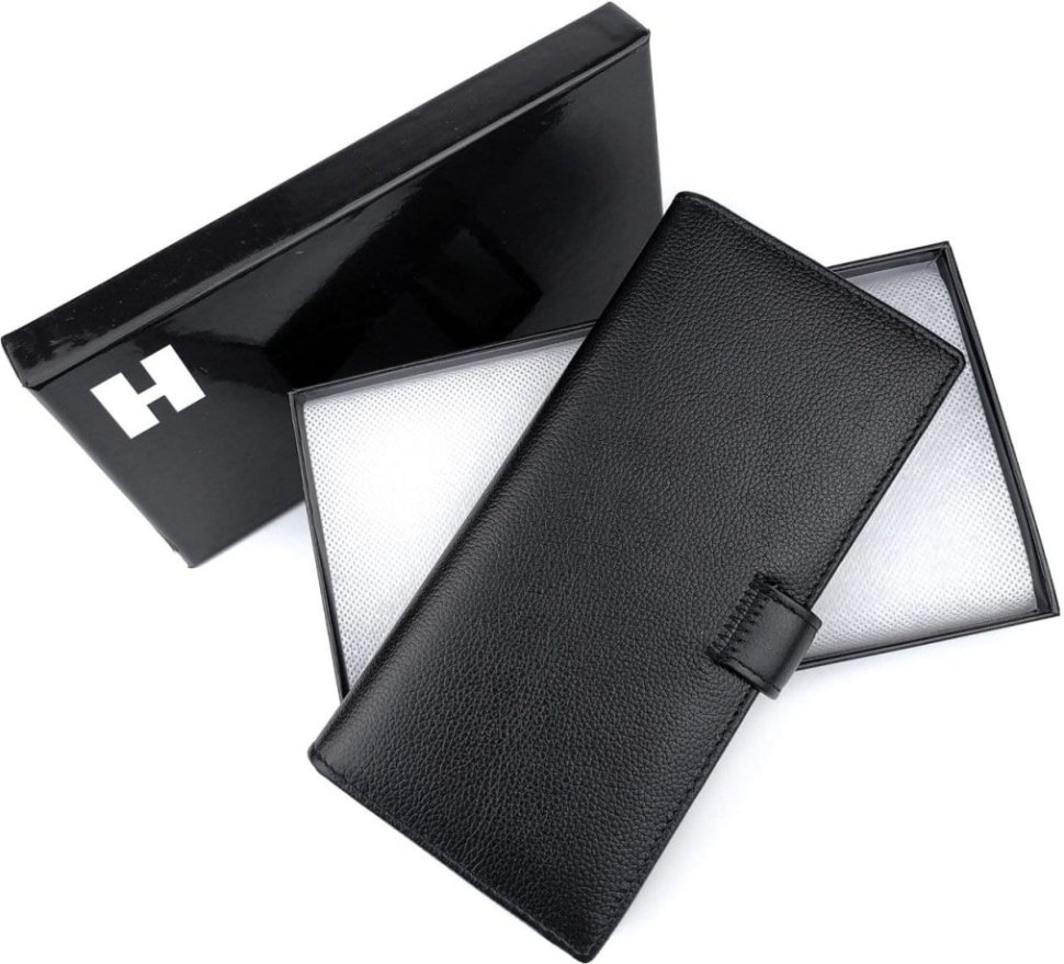 Шкіряний чоловічий купюрник чорного кольору під багато карток H-Leather Accessories (21545)