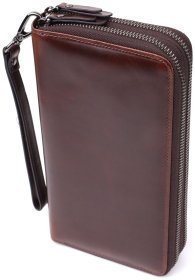 Великий чоловічий клатч на два відділення з гладкої шкіри з кистьовим ремінцем Vintage 98191 коричневого кольору