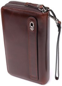 Великий чоловічий клатч на два відділення з гладкої шкіри з кистьовим ремінцем Vintage 98191 коричневого кольору