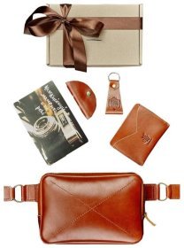 Чоловічий подарунковий набір (сумка, портмоне, брелок) із натуральної шкіри світло-коричневого кольору BlankNote 78591