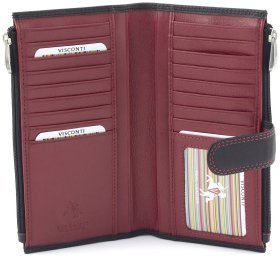 Жіночий купюрник з натуральної шкіри чорного кольору з бордовою строчкою Visconti 68891