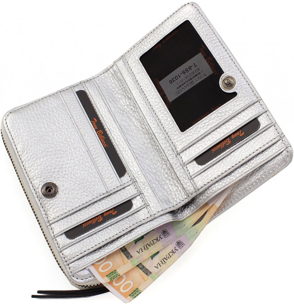 Кожаный женский кошелек серебристого цвета с монетницей Tony Bellucci (12488)