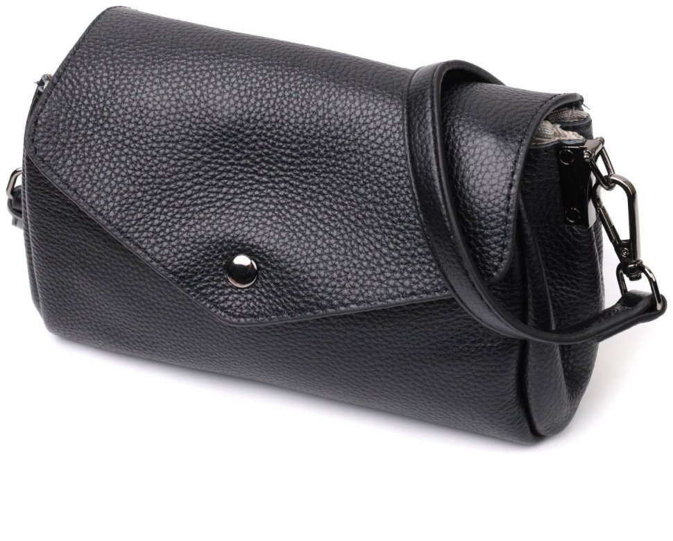 Чорна шкіряна жіноча сумка на плече з клапаном на магнітній кнопці Vintage 2422254