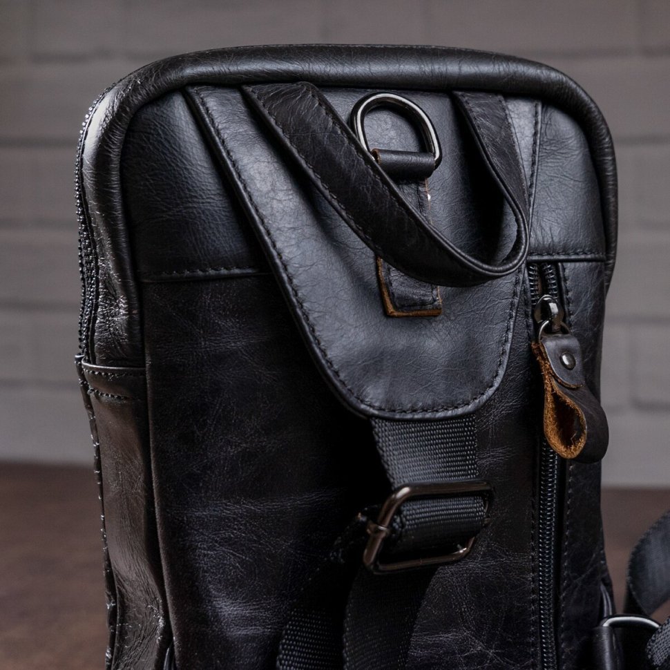 Чорний чоловічий слінг - рюкзак з натуральної гладкої шкіри VINTAGE STYLE (14777)
