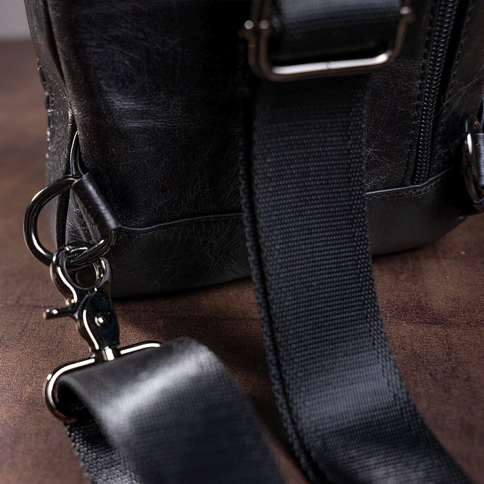 Черный мужской слинг - рюкзак из натуральной гладкой кожи VINTAGE STYLE (14777)