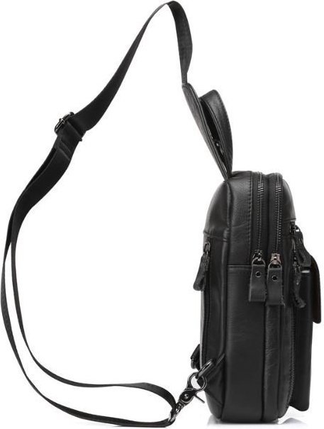 Чорний чоловічий слінг - рюкзак з натуральної гладкої шкіри VINTAGE STYLE (14777)