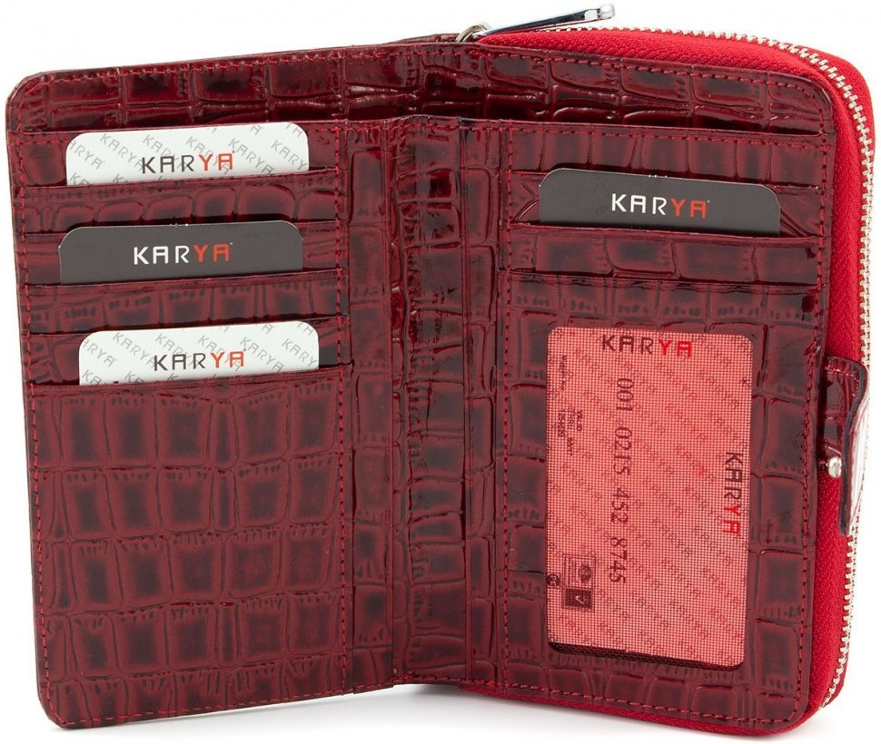 Фирменный женский кошелек красного цвета из лаковой кожи с тиснением KARYA (19040) УЦЕНКА!