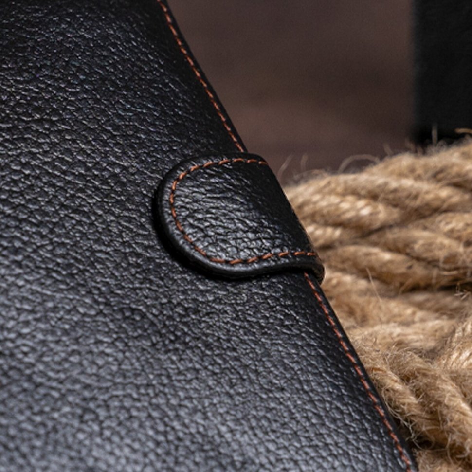 Чорне чоловіче портмоне з фактурної шкіри з рудою строчкою Vintage (14387)