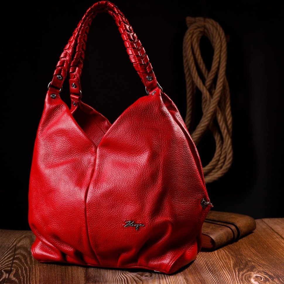 Червона повсякденна жіноча сумка на плече великого розміру зі шкіри флотар KARYA (2420878)