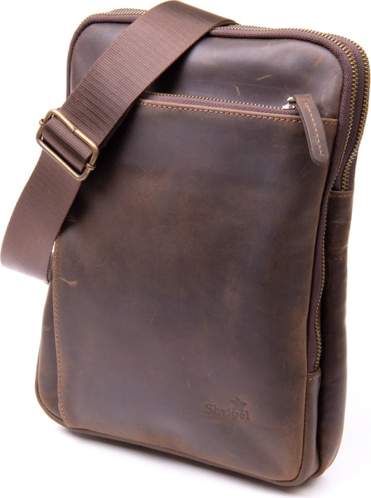 Мужская коричневая сумка с накладным карманом из винтажной кожи SHVIGEL (11280)