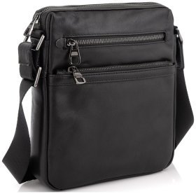Средняя мужская кожаная сумка-планшет черного цвета на одну молнию Tiding Bag 77492