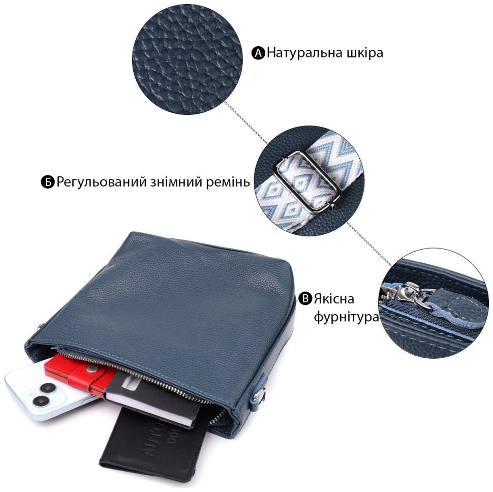 Повседневная женская сумка из фактурной кожи с текстильным ремешком через плечо Vintage 98192 голубого цвета modnotak фото №4