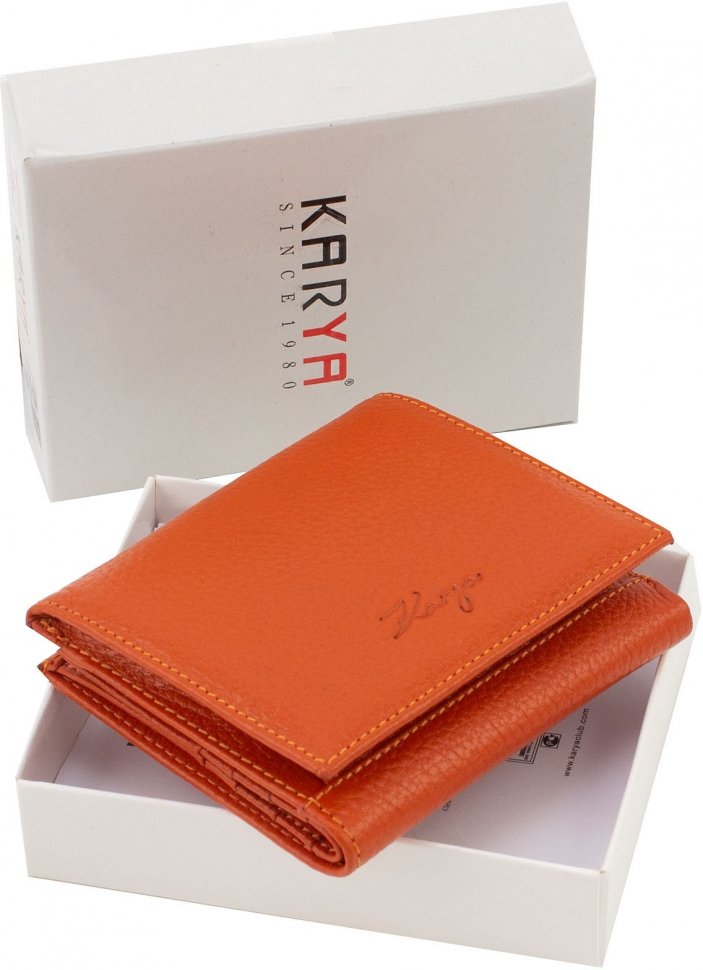 Женский компактный кошелек оранжевого цвета из натуральной кожи с монетницей KARYA (19518)