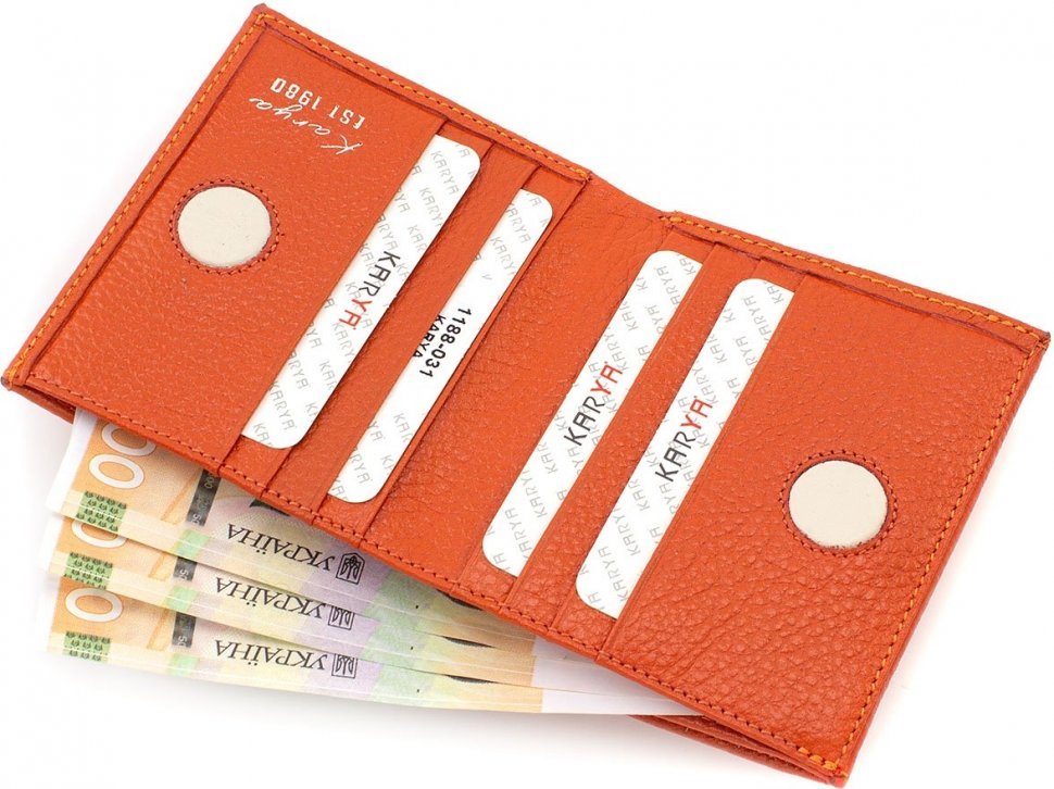 Женский компактный кошелек оранжевого цвета из натуральной кожи с монетницей KARYA (19518)