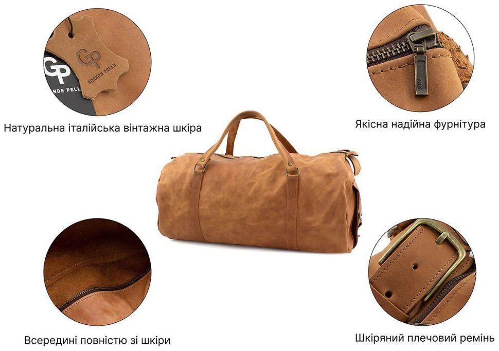 Рыжая добротная дорожная сумка из винтажной кожи на молнии Grande Pelle (15490) modnotak фото №4