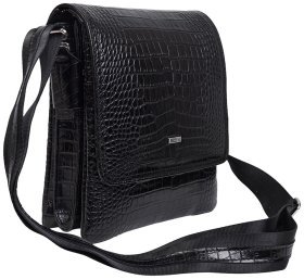 Черная мужская сумка на плечо из натуральной кожи под крокодила DESISAN 80193
