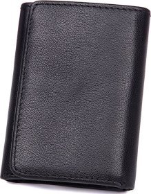 Чорний гаманець потрійного складання з натуральної шкіри на кнопці Vintage (14467)