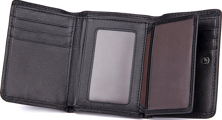 Чорний гаманець потрійного складання з натуральної шкіри на кнопці Vintage (14467)