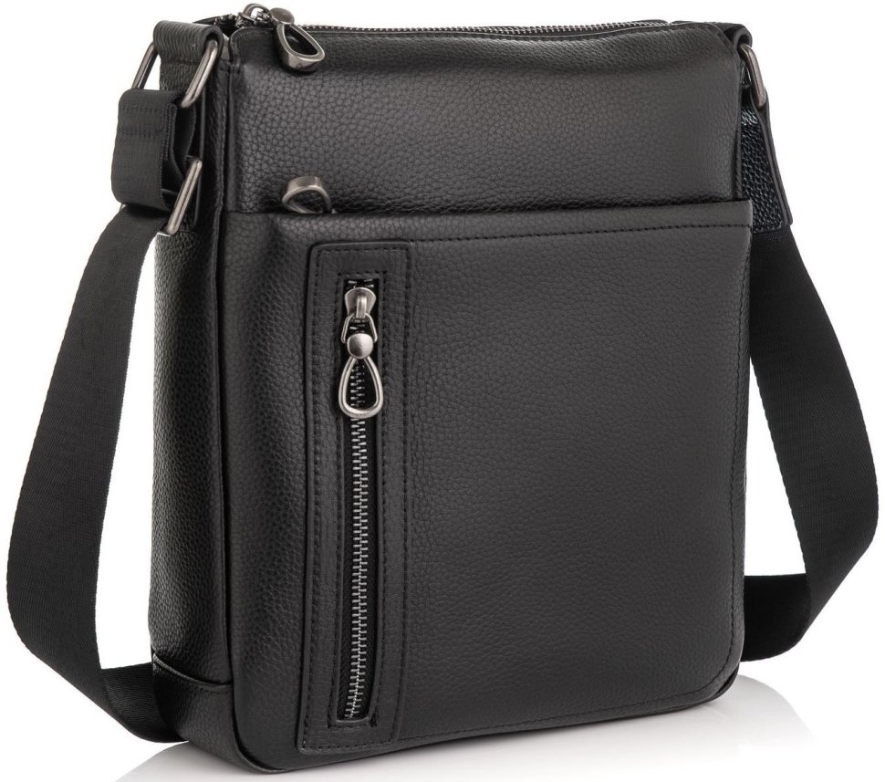 Солидная мужская кожаная сумка-планшет черного цвета с ремешком через плечо Tiding Bag (15835)