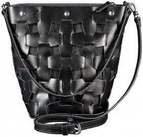 Угольно-черная плетеная сумка из натуральной кожи с плечевым ремешком BlankNote Пазл M (12767)