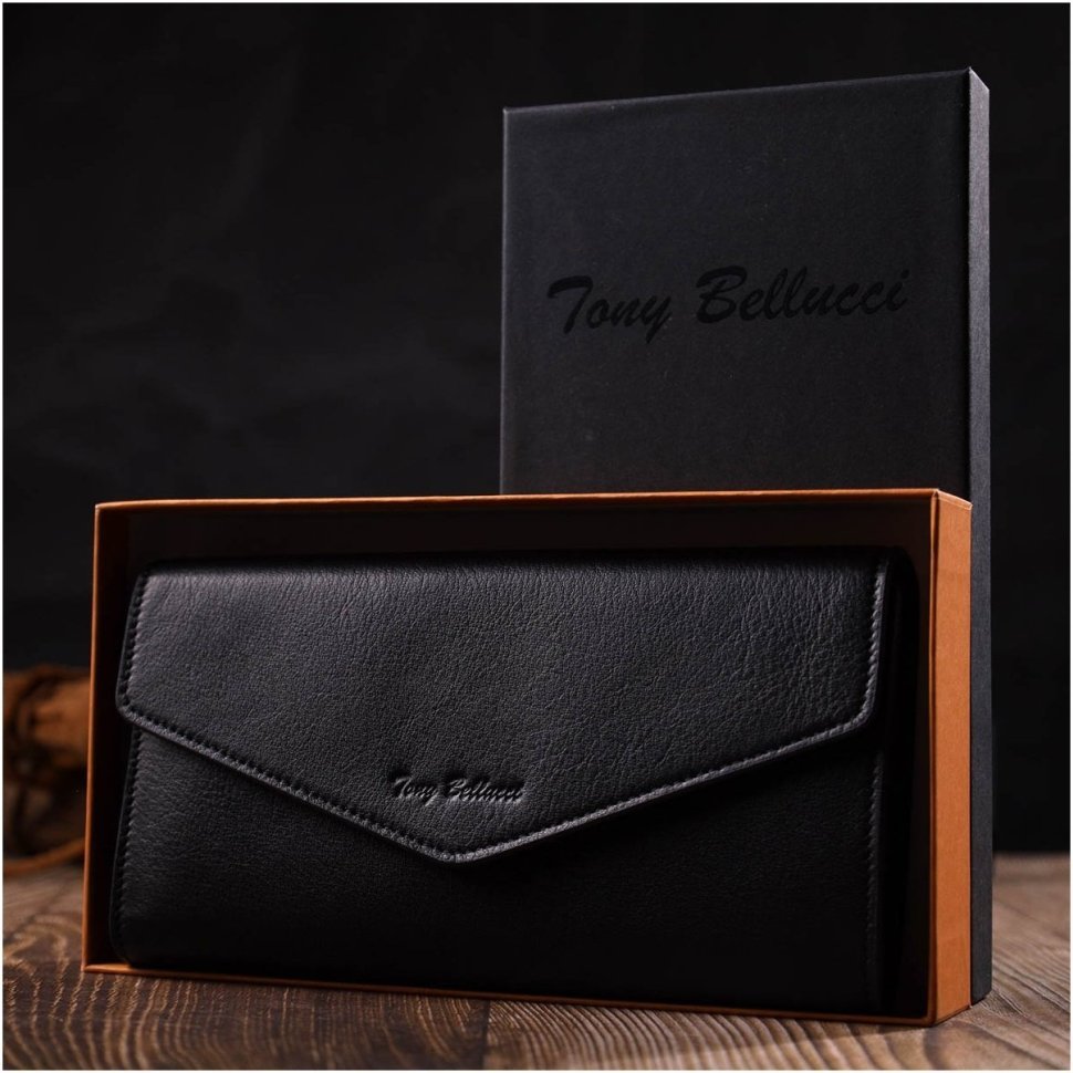 Місткий жіночий гаманець із натуральної чорної шкіри з клапаном на кнопці Tony Bellucci (2421976)