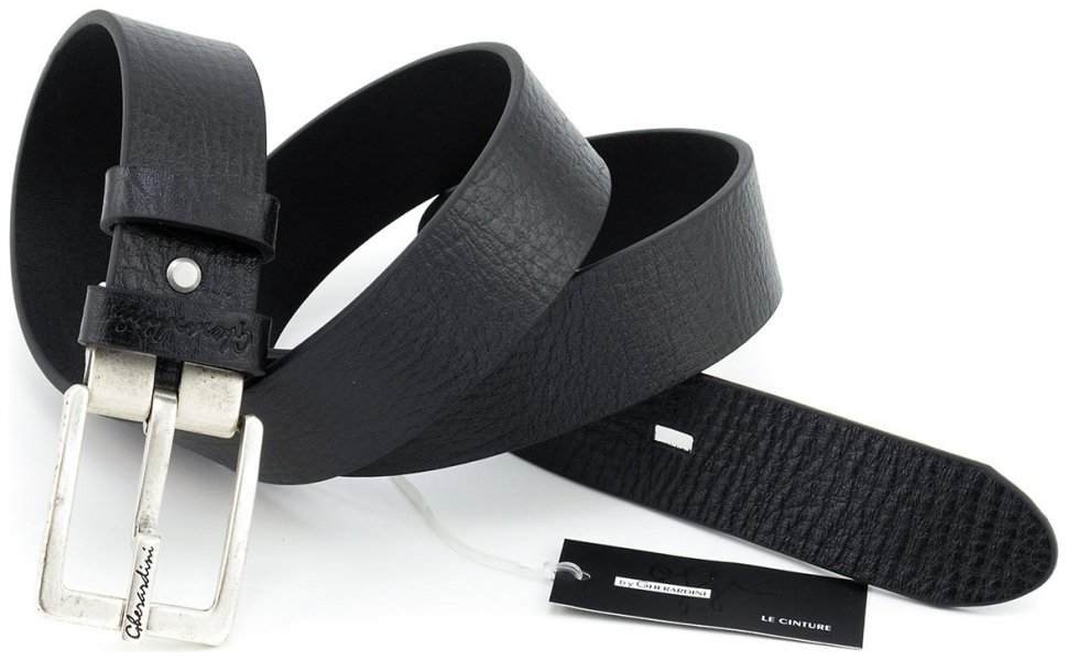 Кожаный итальянский ремень с винтажной серебристой пряжкой Gherardini 40813 черный modnotak фото №4