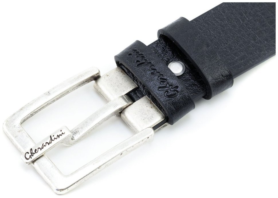 Кожаный итальянский ремень с винтажной серебристой пряжкой Gherardini 40813 черный modnotak фото №2