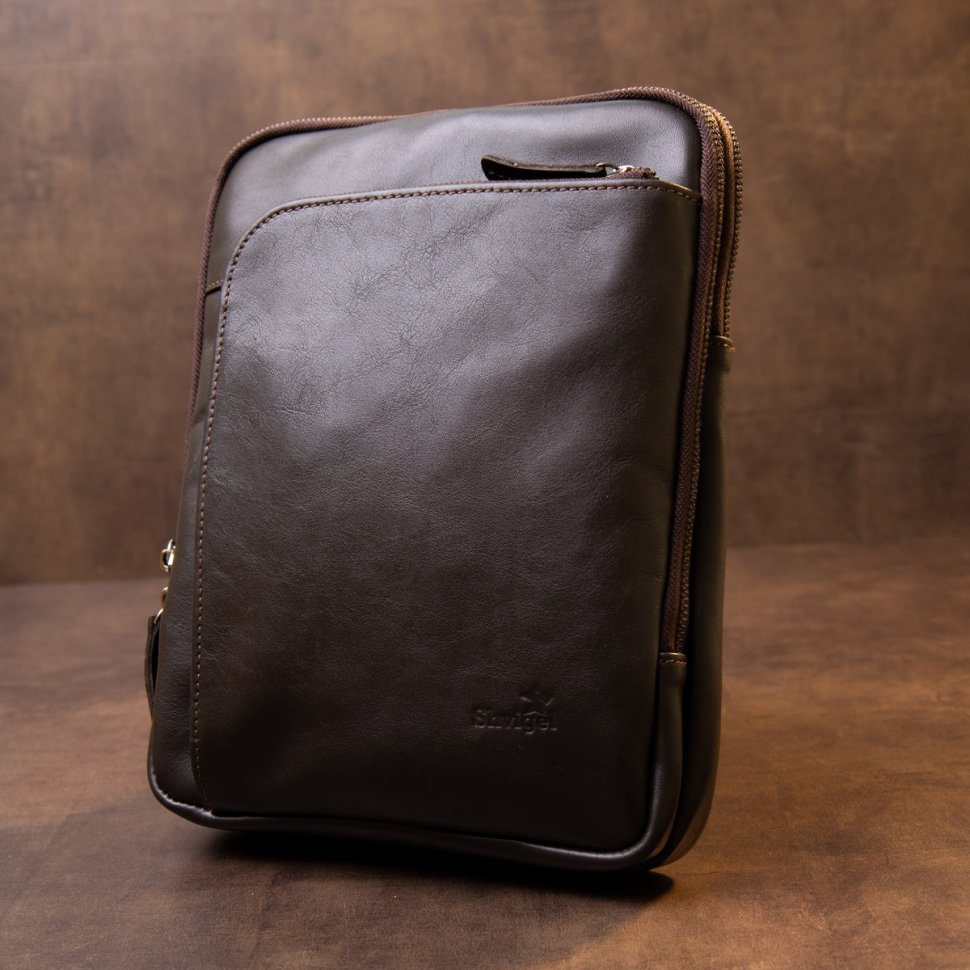 Мужская темно-коричневая сумка-планшет из гладкой кожи на два автономных отдела SHVIGEL (11282)