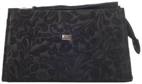 Кожаная женская косметичка с кистевым ремешком Desisan 106893 черная с узором цветов