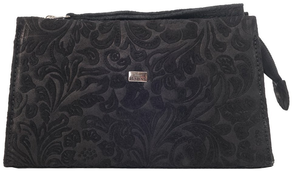 Кожаная женская косметичка с кистевым ремешком Desisan 106893 черная с узором цветов modnotak фото №1