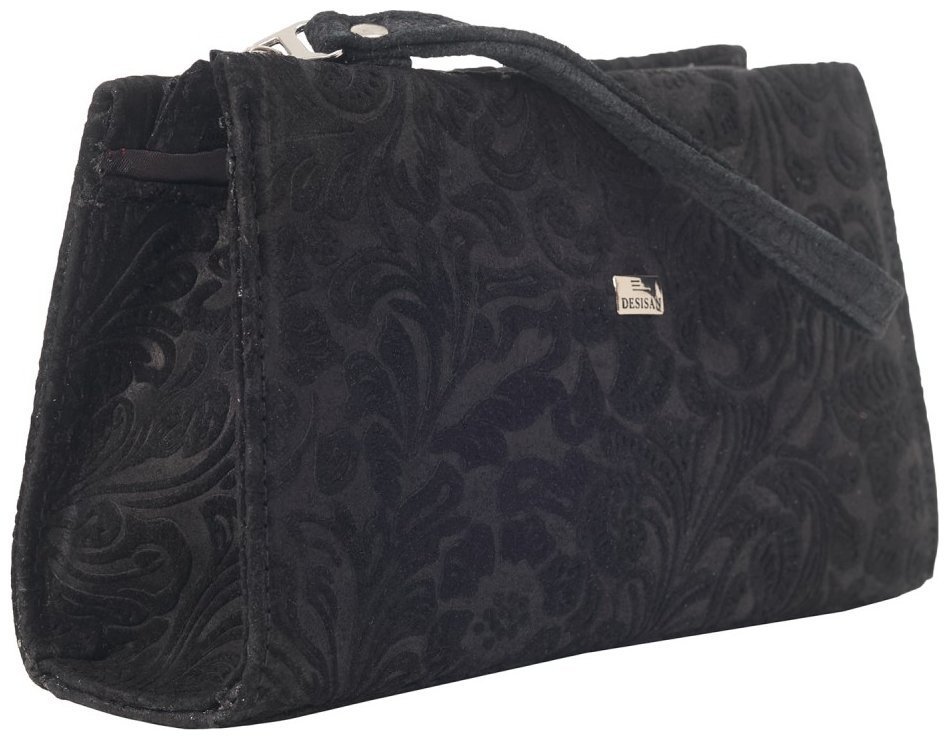 Кожаная женская косметичка с кистевым ремешком Desisan 106893 черная с узором цветов modnotak фото №2