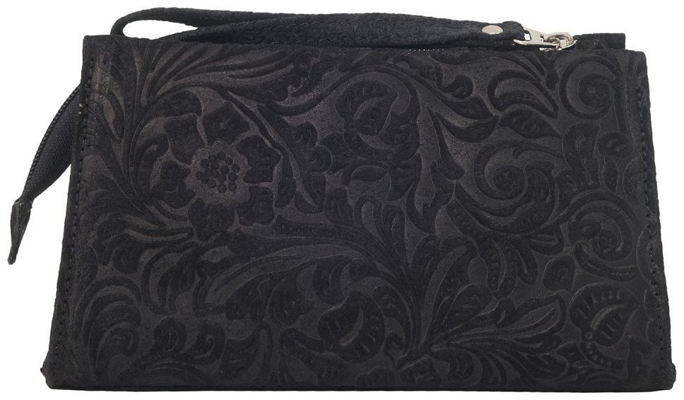 Кожаная женская косметичка с кистевым ремешком Desisan 106893 черная с узором цветов modnotak фото №3