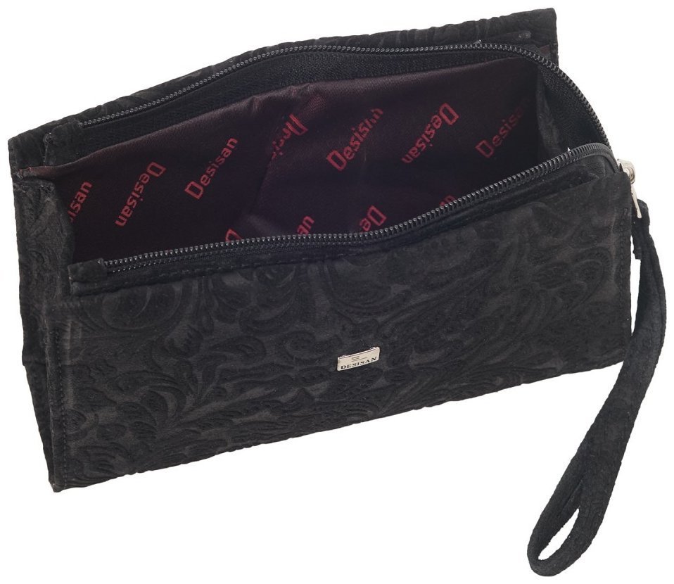 Кожаная женская косметичка с кистевым ремешком Desisan 106893 черная с узором цветов modnotak фото №5