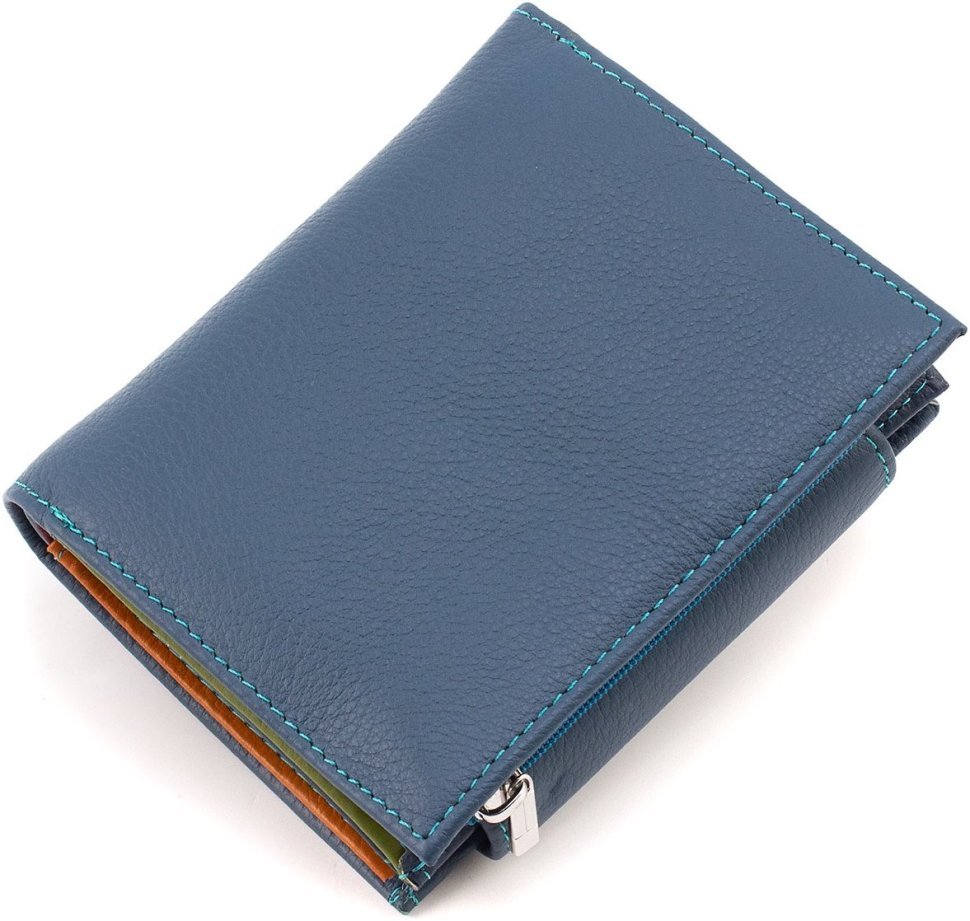 Женский кожаный кошелек синего цвета с хлястиком с автономной монетницей ST Leather 1767293
