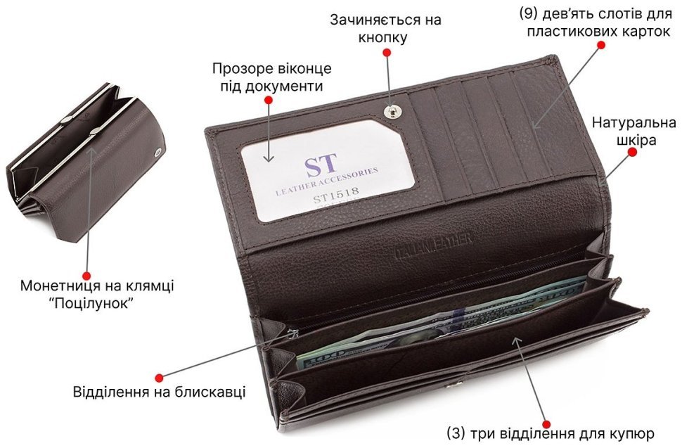 Женский кошелек среднего размера с фиксацией на кнопку ST Leather (16382) modnotak фото №4