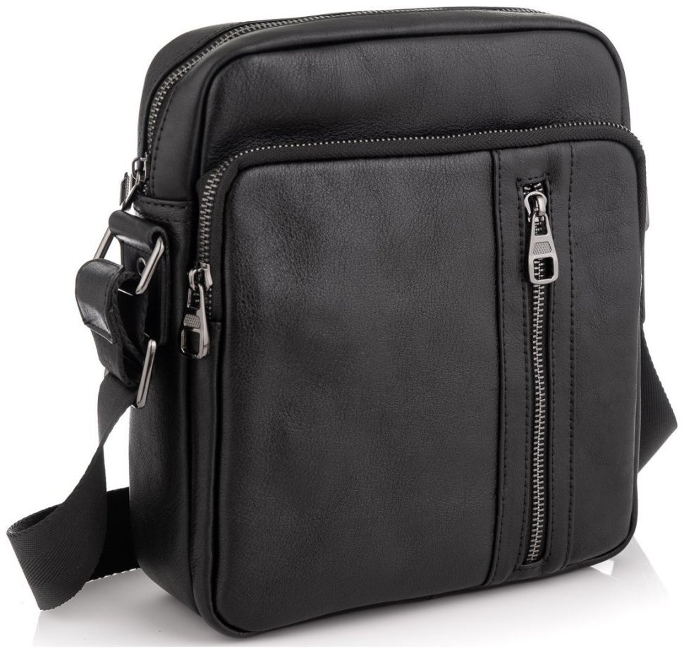 Чорна чоловіча сумка-планшет із натуральної шкіри на одну блискавку Tiding Bag 77493