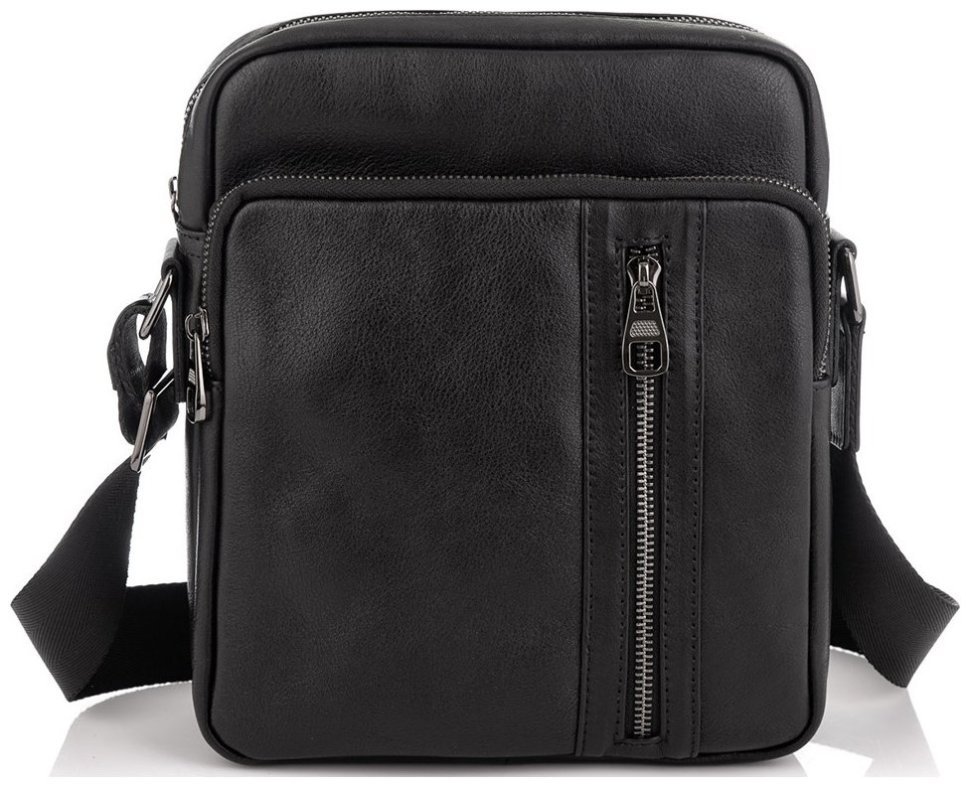 Чорна чоловіча сумка-планшет із натуральної шкіри на одну блискавку Tiding Bag 77493