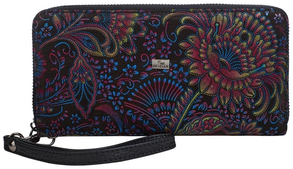 Женский кошелек на молнии с кистевым ремешком Desisan 107893 синего цвета с узором цветов modnotak фото №1
