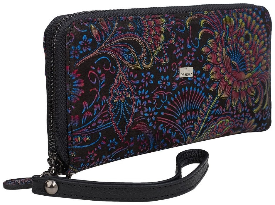 Женский кошелек на молнии с кистевым ремешком Desisan 107893 синего цвета с узором цветов modnotak фото №2