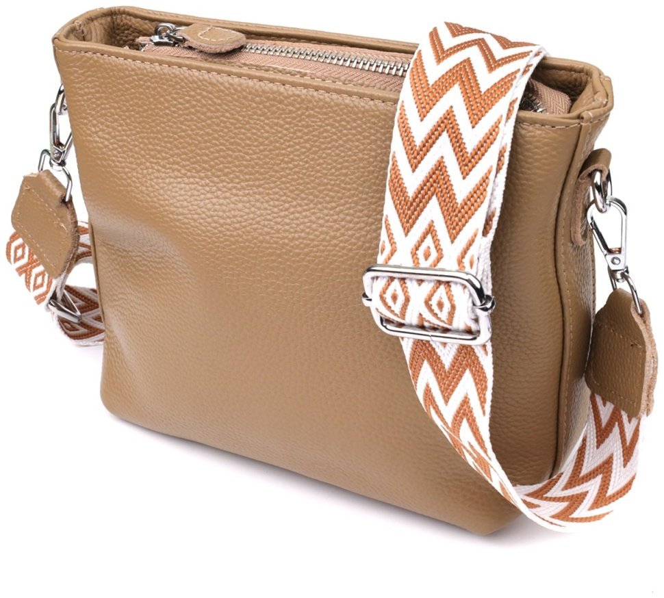 Повседневная женская сумка из натуральной кожи через плечо с текстильным ремешком Vintage 98193 бежевого цвета modnotak фото №1