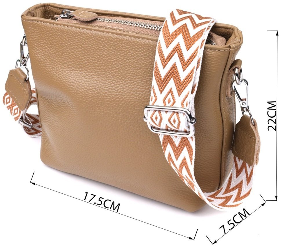 Повседневная женская сумка из натуральной кожи через плечо с текстильным ремешком Vintage 98193 бежевого цвета modnotak фото №3