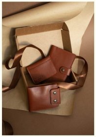 Чоловічий шкіряний подарунковий набір (портмоне, обкладинка на паспорт, кард-кейс) коричневого кольору BlankNote 78593