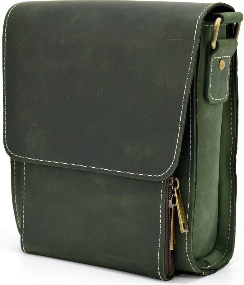 Мужская наплечная сумка из винтажной кожи зеленого цвета TARWA (21701)