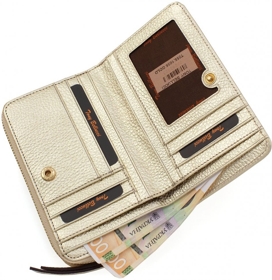 Просторий жіночий гаманець золотистого кольору з натуральної шкіри Tony Bellucci (12484)