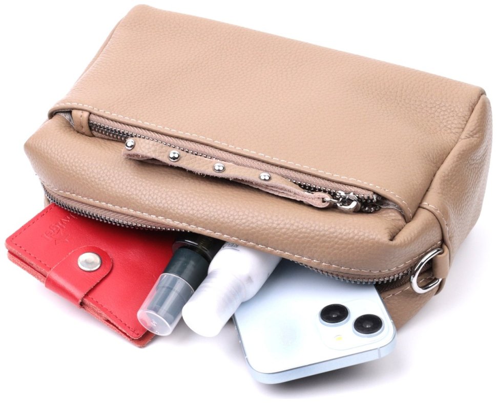 Сумка из натуральной кожи с акцентом на бегунок Vintage 22650 Бежевая modnotak фото №10