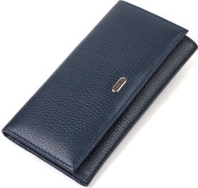 Довгий жіночий гаманець із натуральної шкіри синього кольору з клапаном на кнопці CANPELLINI (2421830)